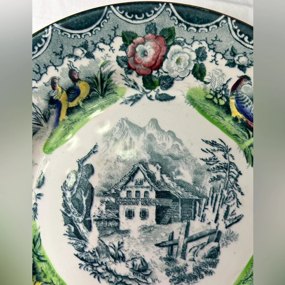 Decorative Floral Transferware Dinner Plates - Set of 2 (Red & Green)